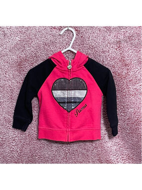 Girls Puma Pink Black Sequin Heart Zip-Up Hoodie 12 Months Y2K